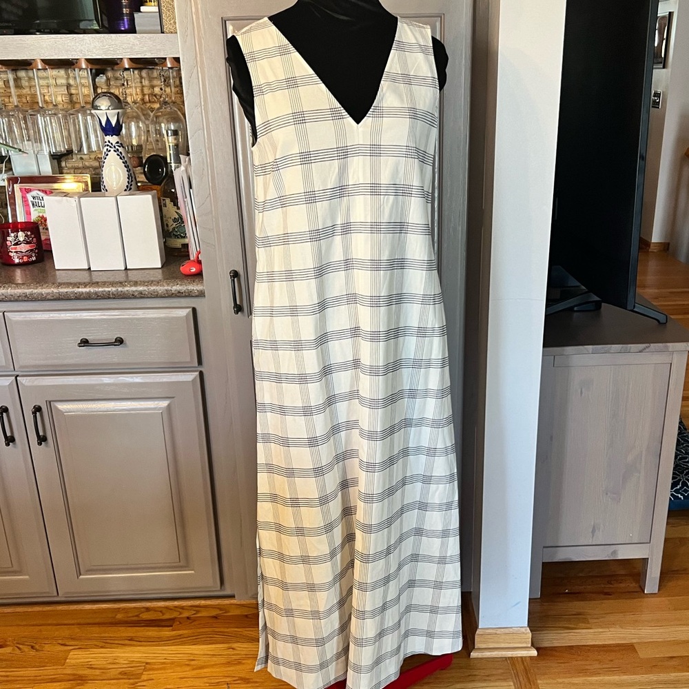 Theory Linen Midi Dress in Ivory and Black Plaid